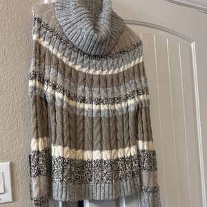 LOFT Gray and Cream Striped Cowl Neck Sweater